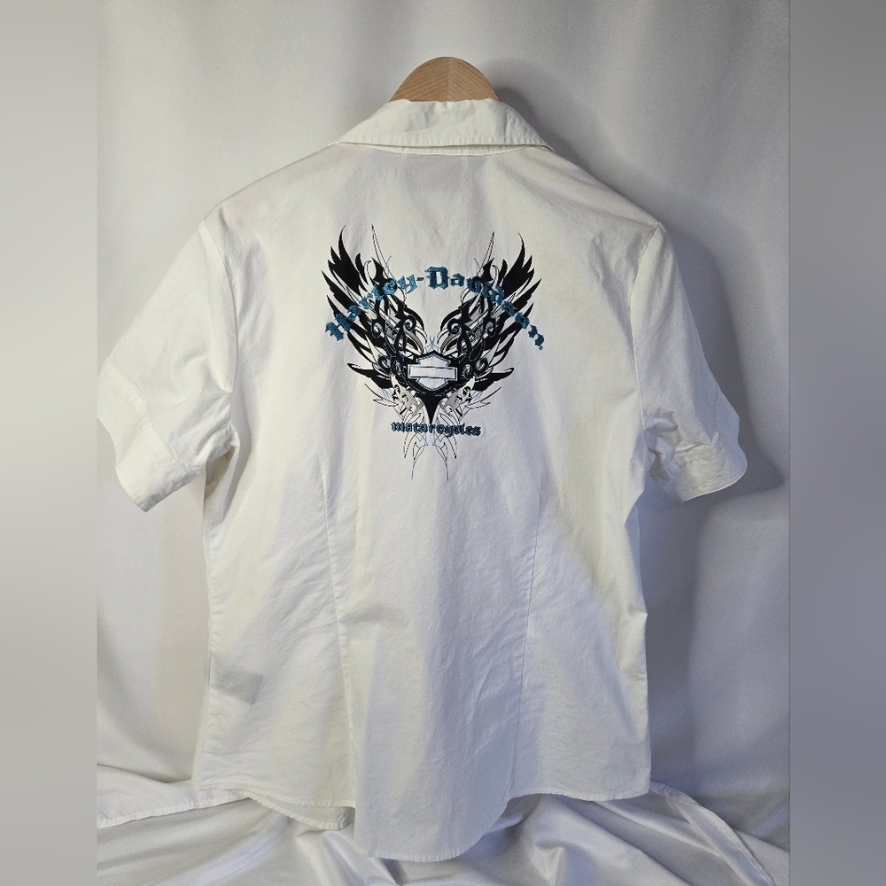 Vintage Harley-Davidson Women’s Short Sleeve Shirt White with Blue HD Size Large - Picture 7 of 8